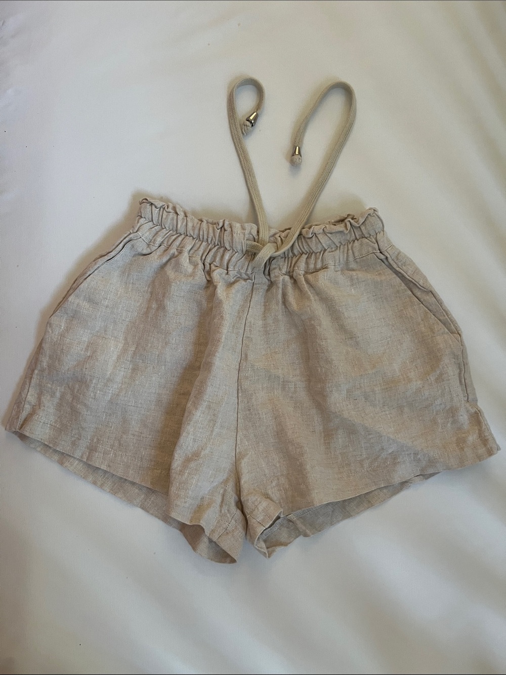 High-Waist Linen Blend Drawstring Shorts in Beige